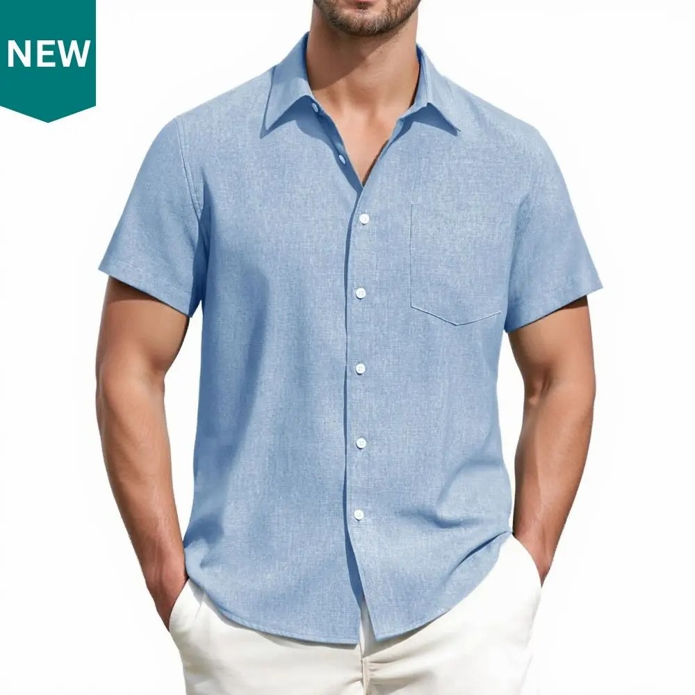 Men's Linen Short Sleeve Shirt – Breathable Lightweight Casual Button Down with Pocket