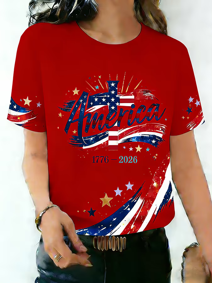 Women's America 250th Anniversary Faith Freedom Independence Brave Print T-Shirt
