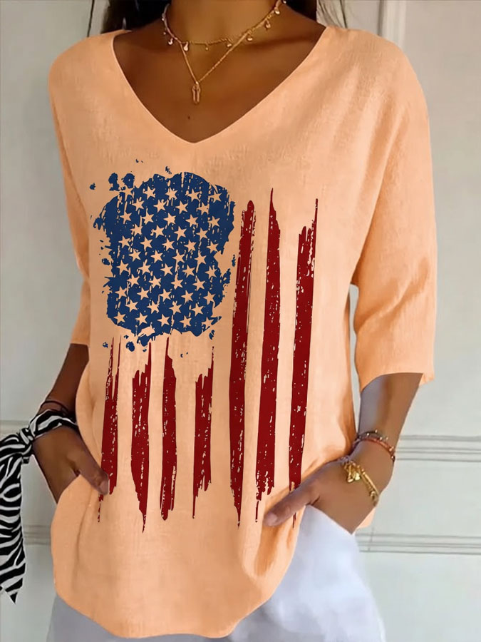 Women'S Flag Printed Casual V-Neck T-Shirt