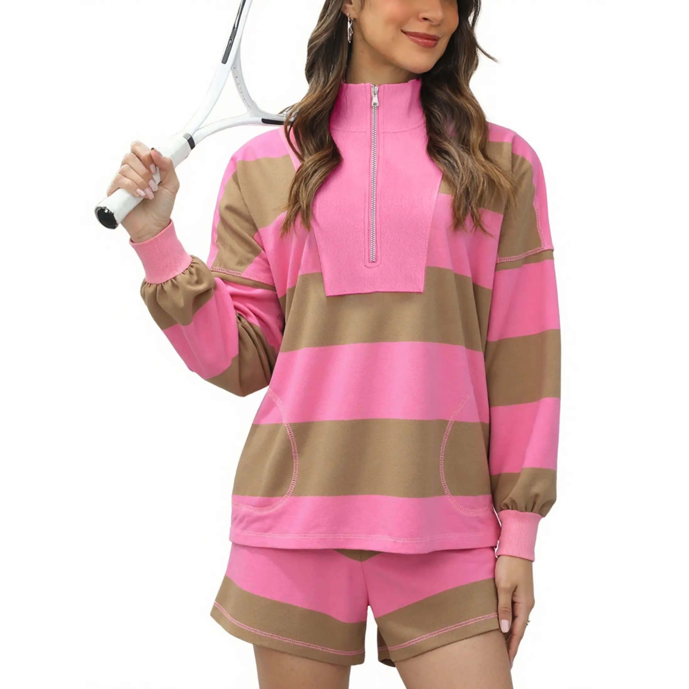 Women's Lounge Set 2 Piece Striped Long Sleeve Quarter Zip & Short Sleeve T Shirt and Shorts for Summer & Autumn Casual Workout Tracksuit