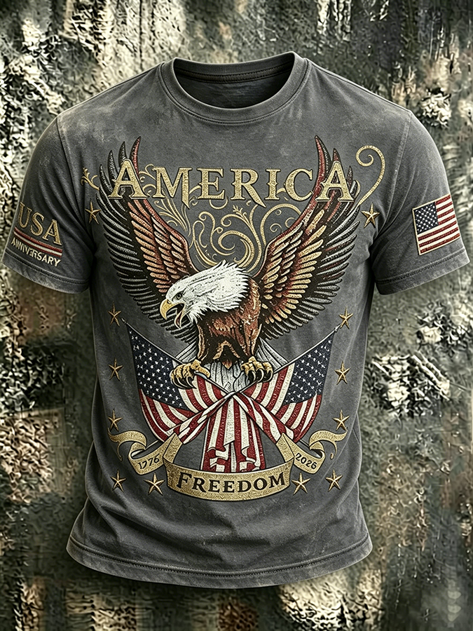 250Th Anniversary Eagle Printed Washed Round Neck T-Shirt From The United States