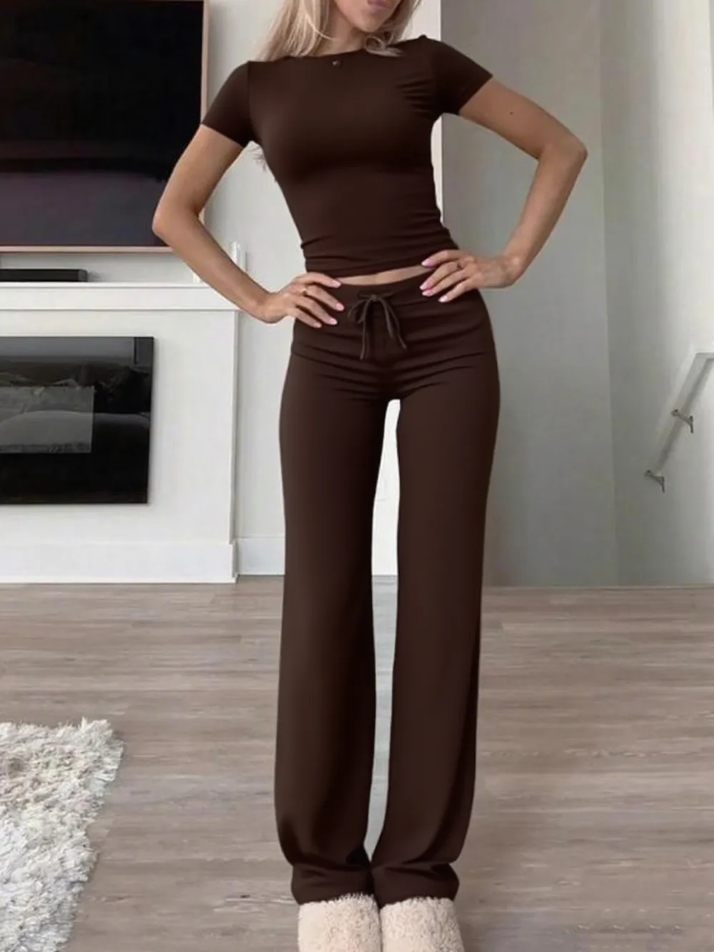 Women's Plain Shortsleeve Top & Drawstring Pants Set