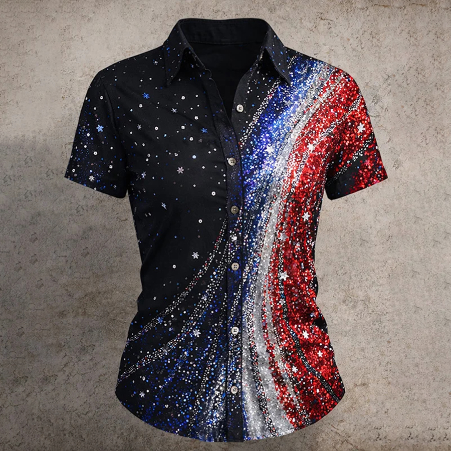 Ladies' Casual Floral 250Th Anniversary Celebration Lapel Shirt For The Founding Of The United States