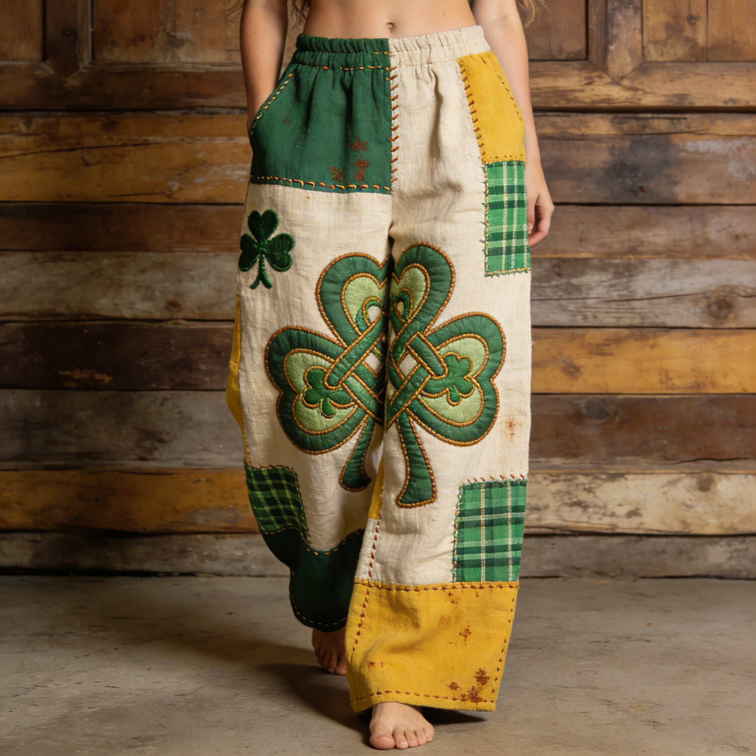 Women's St. Patrick's Day Shamrock Celtic Knot Colorblock Plaid Patchwork Print Casual Pants