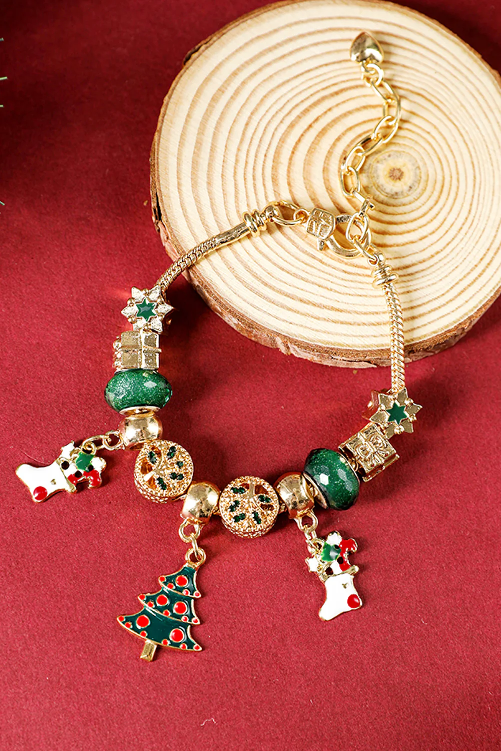 Racing Red Christmas Pendant Adjustable Plated Beaded Bracelet