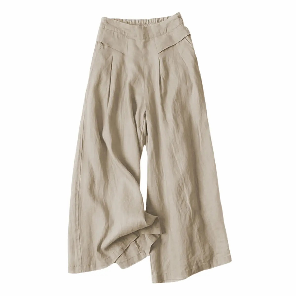 Women's Cotton Linen Wide Leg Culottes – Elastic Waist, Pockets, Minimalist Casual Capri Pants