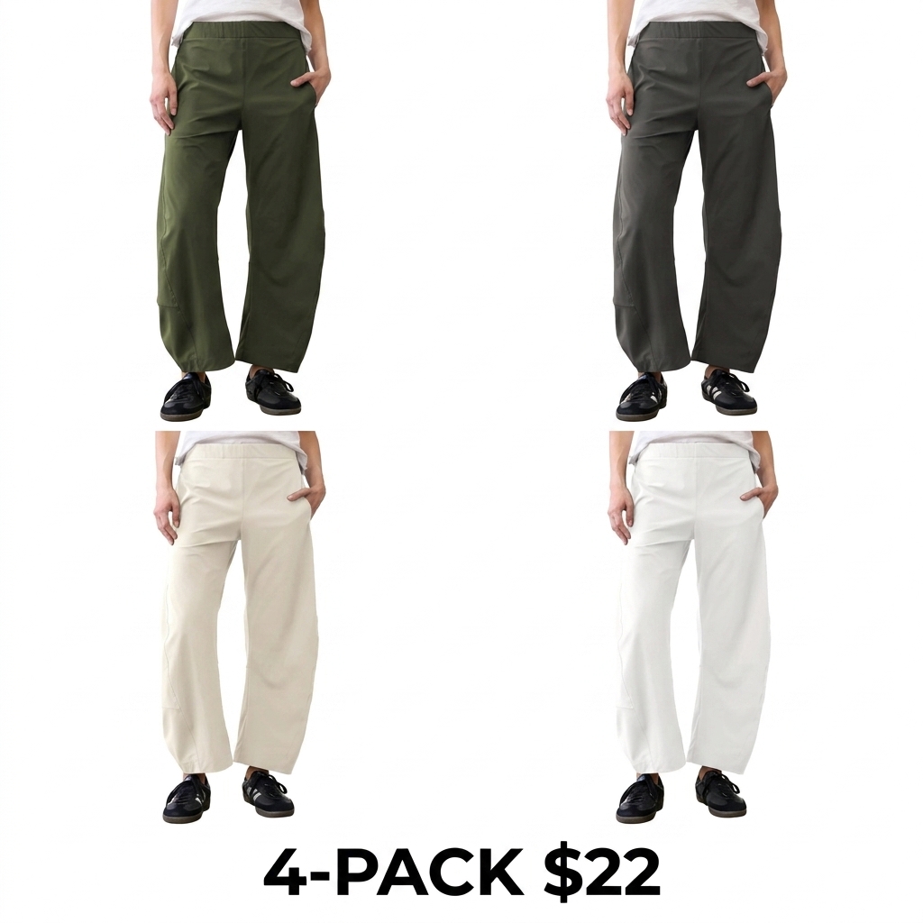 Women's Barrel Travel Pants – Elastic Waistband, Tapered Leg, Baggy Mid Rise Trousers with Pockets