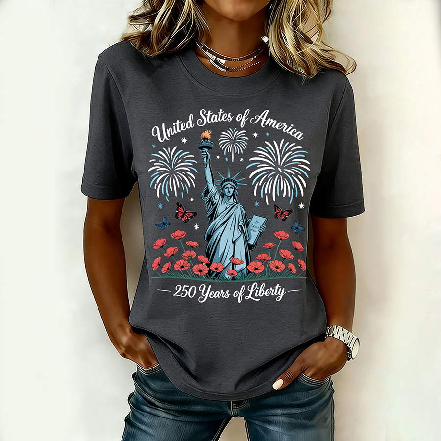Ladies' Casual American Celebration Statue Of Liberty Printed Round Neck T-Shirt