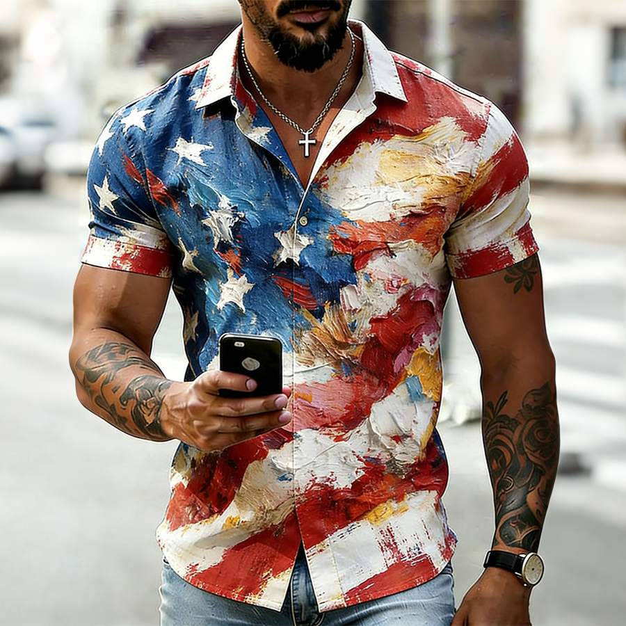 Men's Retro Art American 250th Anniversary Cotton Linen Short-Sleeve Shirt