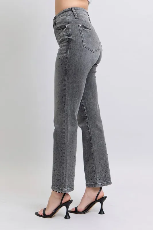 Blue Full Size High Waist Rhinestone Straight Jeans Plus Size