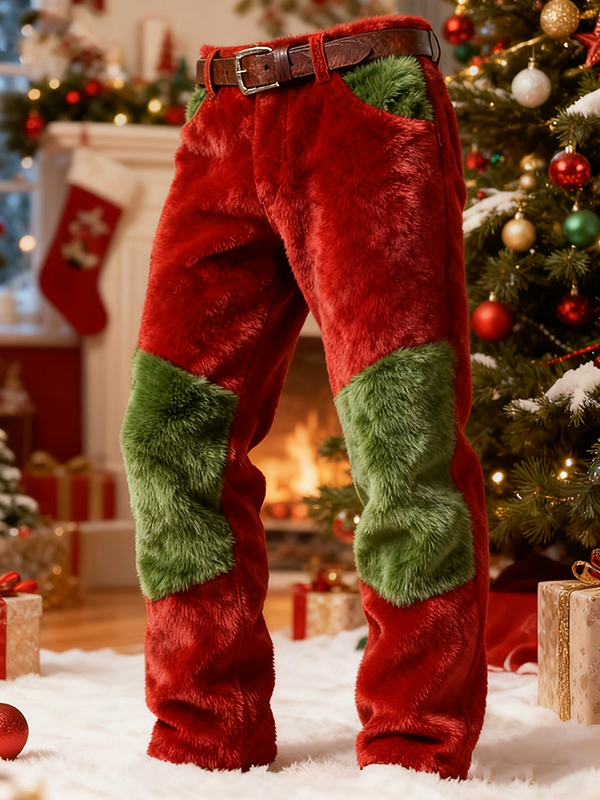 Men's Christmas Color Blocking Geometric Art Print Casual Flannel Pants