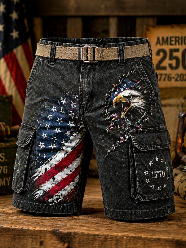 Men's 1776 American Flag And Eagle Art Print Casual Shorts
