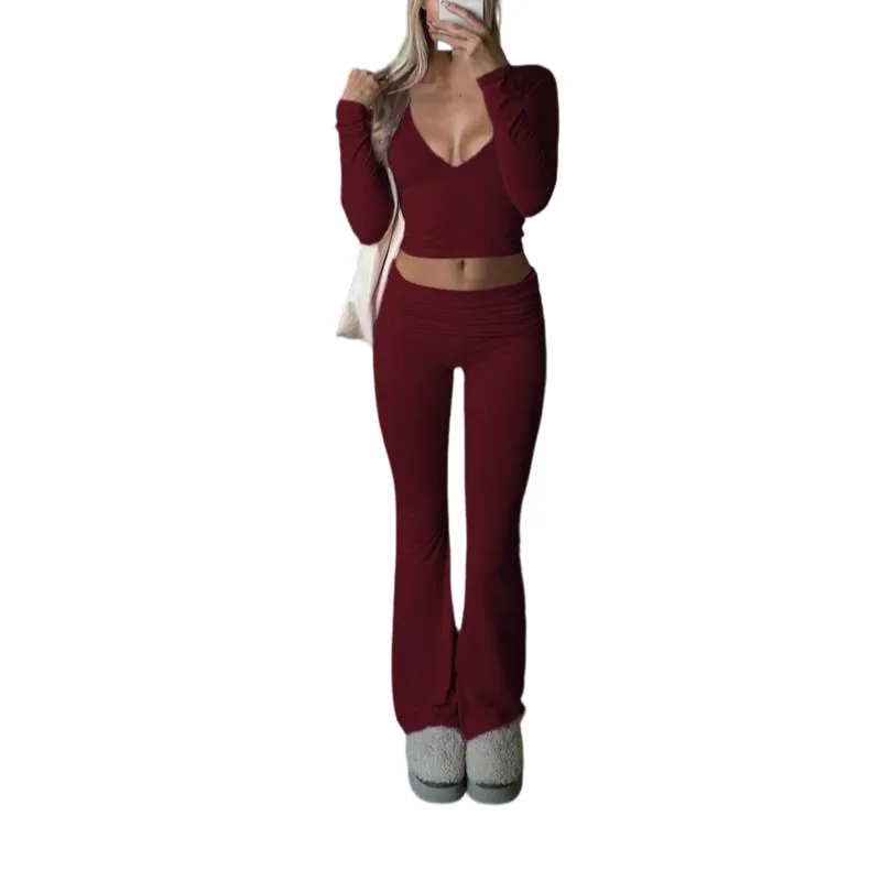 Elegant Casual V-Neck Long Sleeve Two-Piece Set