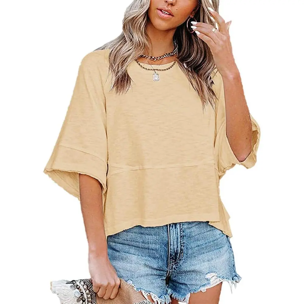 Women's Summer Casual Crewneck Batwing Half Sleeve T-Shirts Solid Color Loose Fit Cute Basic Flowy Tops Tees Blouses Summervibes