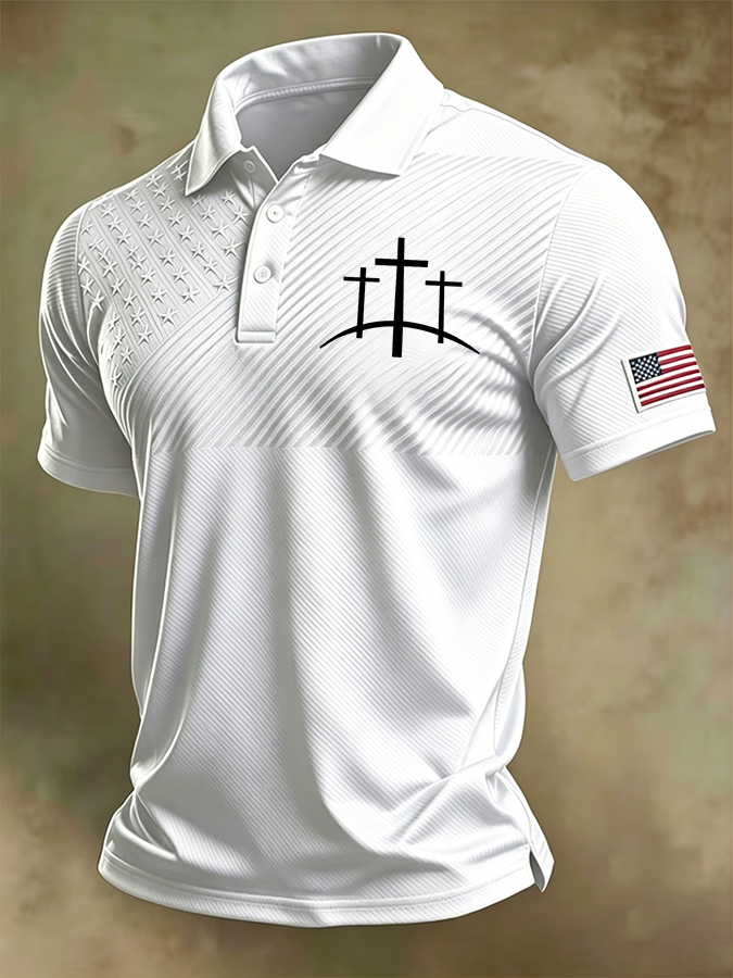 Men'S Retro National Flag And Cross Print Print Casual Polo Shirt