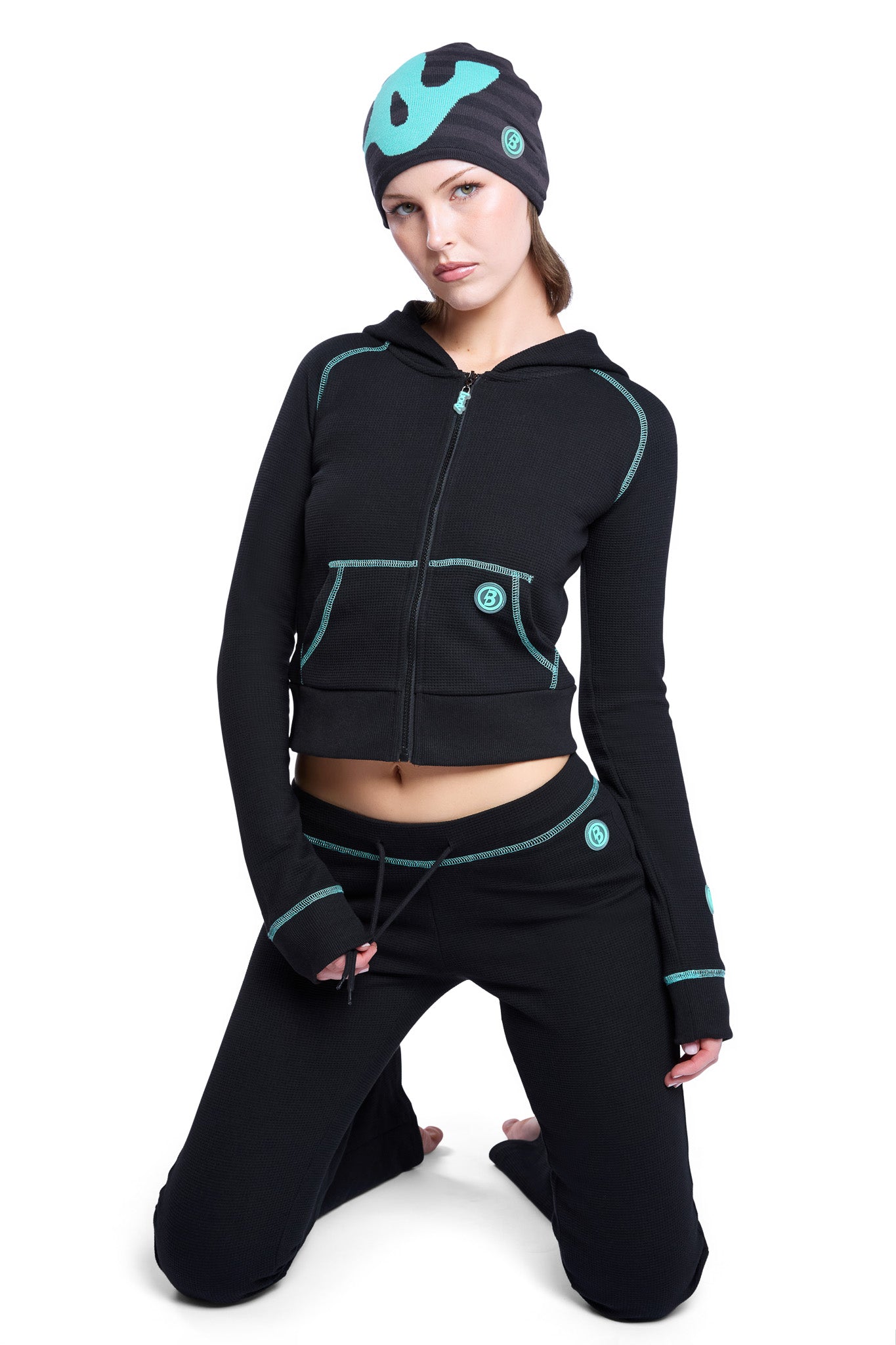 WAFFLE KNIT BOOT CUT PANTS (BLACK/TIFFANY BLUE)