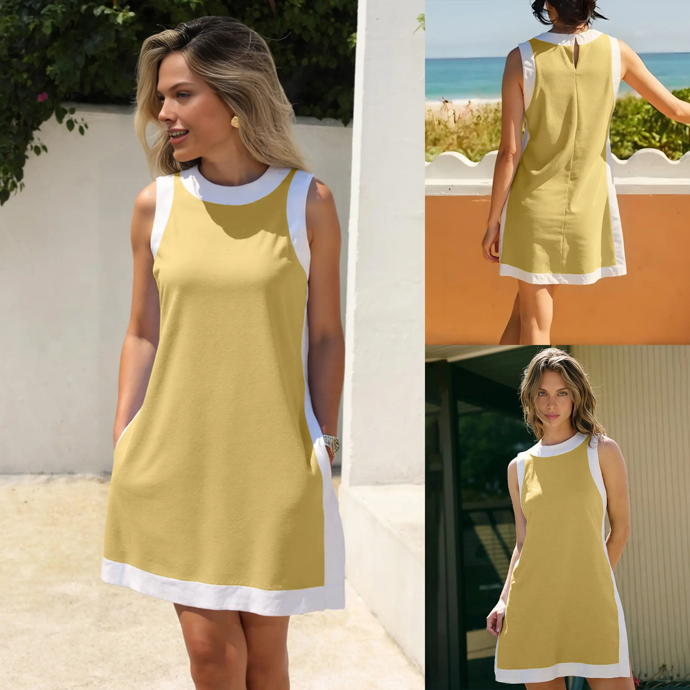 Women's Casual Two Piece Sets Color Block Crewneck Sleeveless Pullover Tops Matching Shorts With Pockets