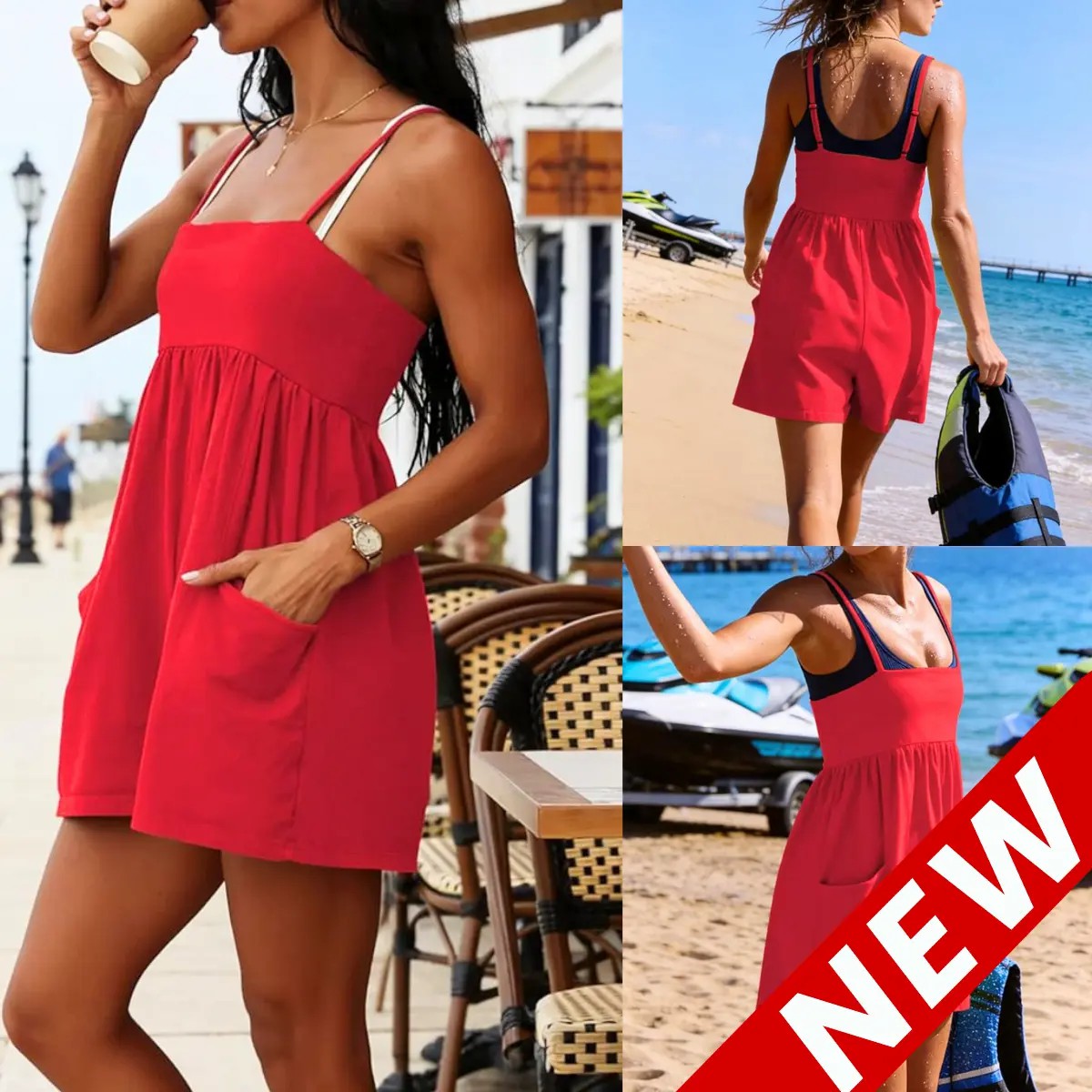 Women's Square Neck Backless Romper – Oversized Cotton Jumpsuit with Pockets & Adjustable Straps