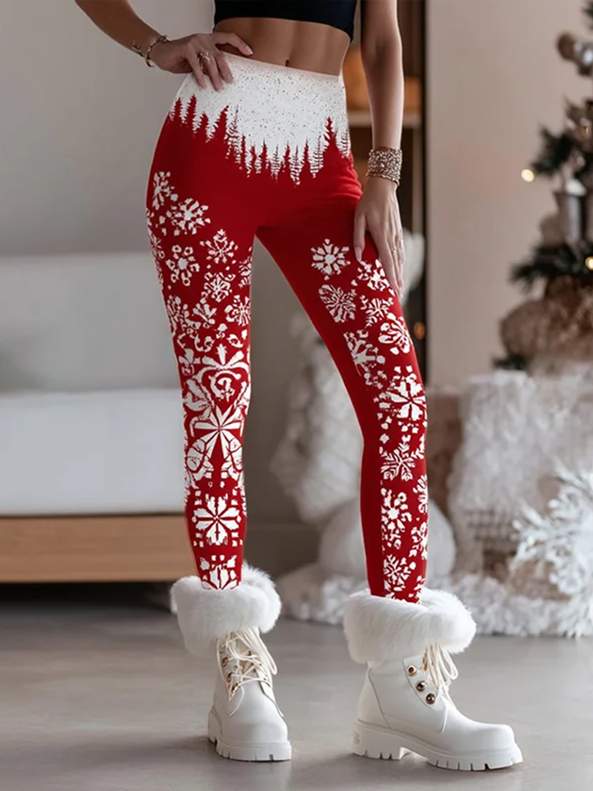 Women's Christmas Trees and Snowflakes Silhouette Print Leggings