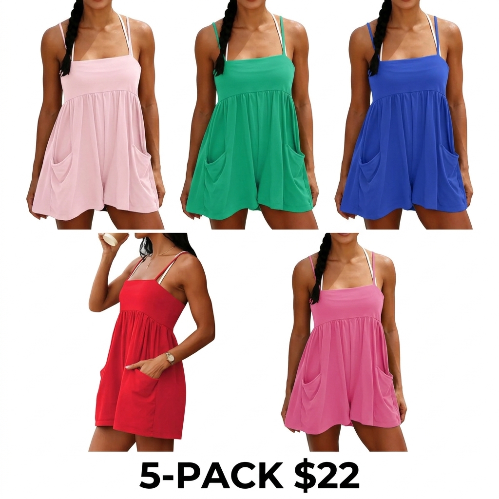 Women's Square Neck Backless Romper – Oversized Cotton Jumpsuit with Pockets & Adjustable Straps