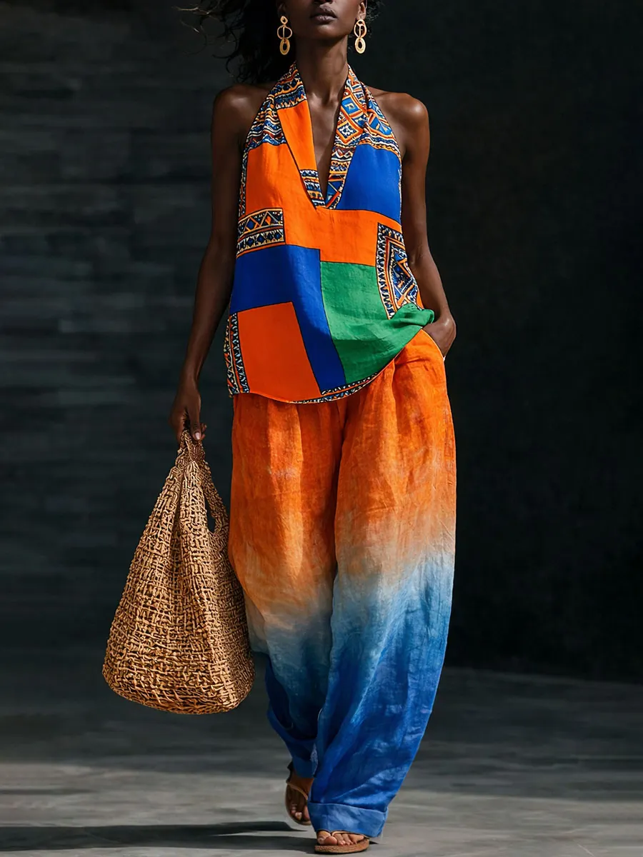 Women’s Creative Patchwork Print Two-Piece Set