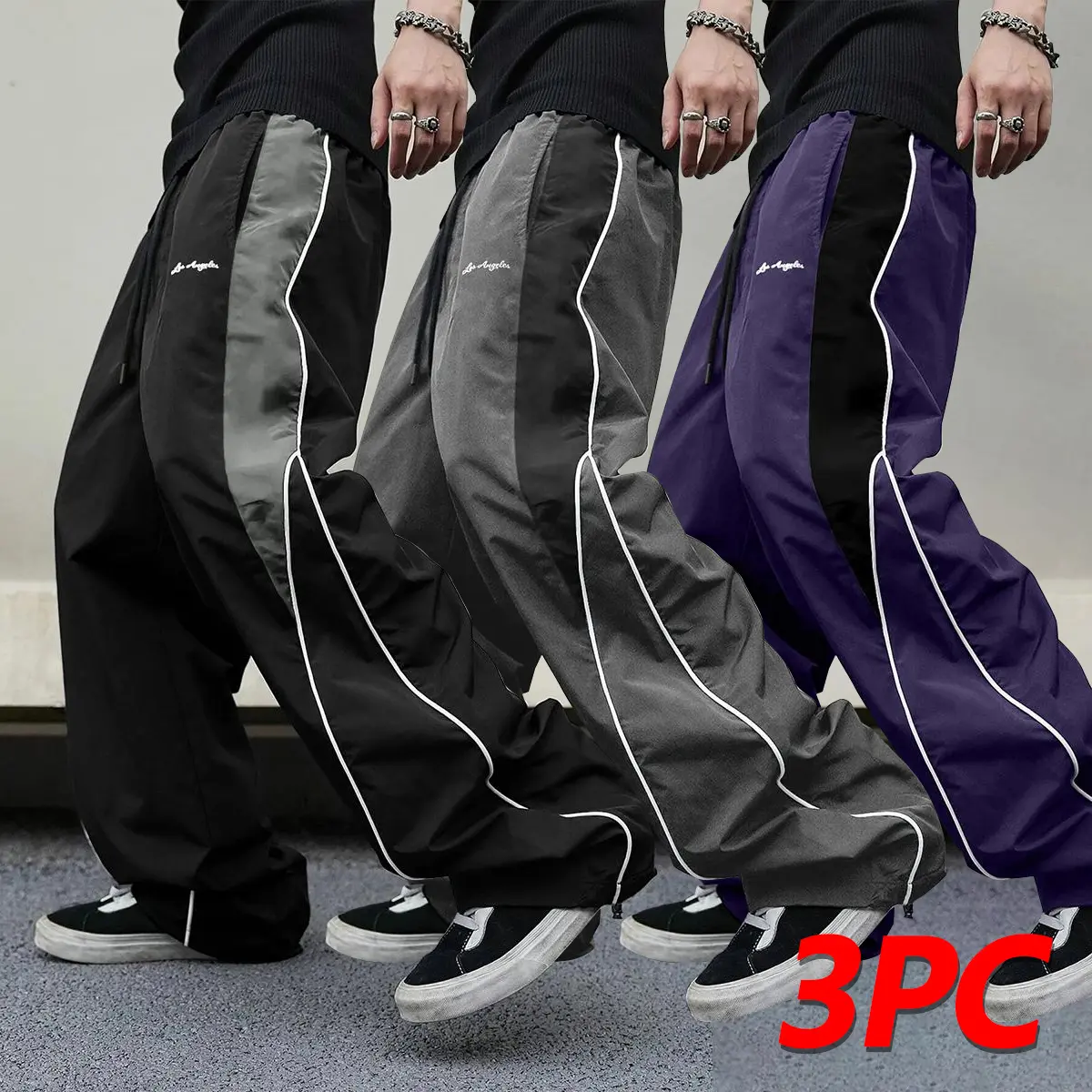 Men's High-Street Style Color-Block Spliced ​​Wide-Leg Pants with Side Stripes and Drawstrings