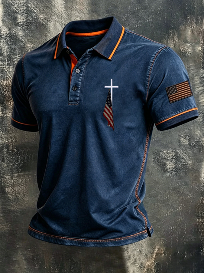 Men'S American Flag Print Casual Polo Shirt