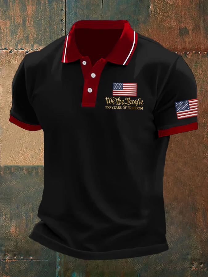 Men'S Retro American Flag Independence Day Print Casual Polo Shirt