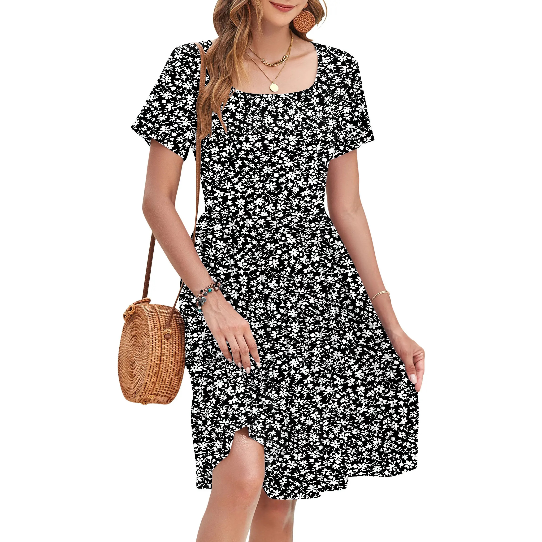 Women's Square-Neck Floral Short-Sleeve Dress (with Pockets)