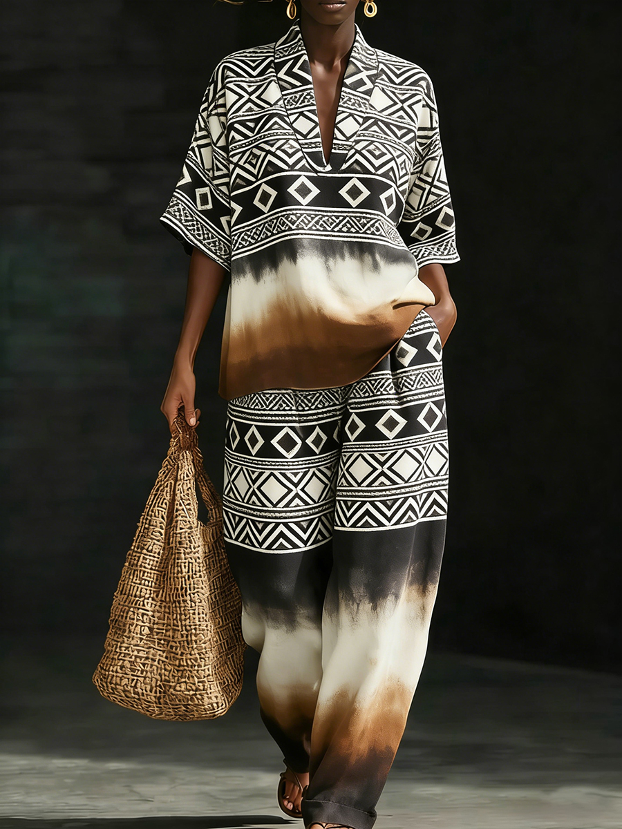 African Bohemian Geometric Tie-Dye Cotton Linen Two-Piece Set