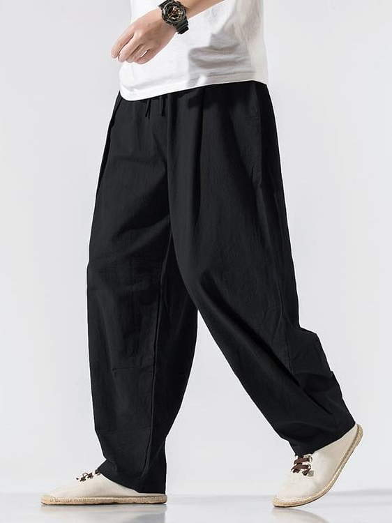 Men's Plain Loose Straight Leg Cotton And Linen Casual Pants