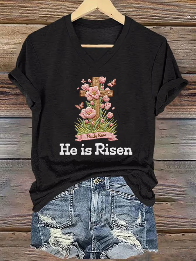 Women's He Is Risen Print V Neck T-shirt