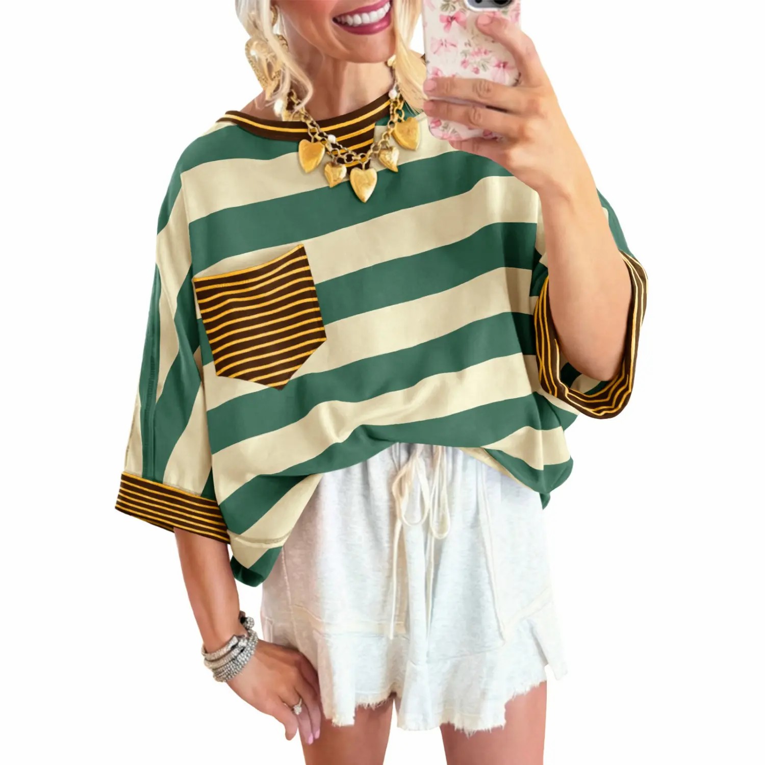 Women's Striped Drop Shoulder Cotton T-Shirt – Loose Fit Half Sleeve Pocket Blouse