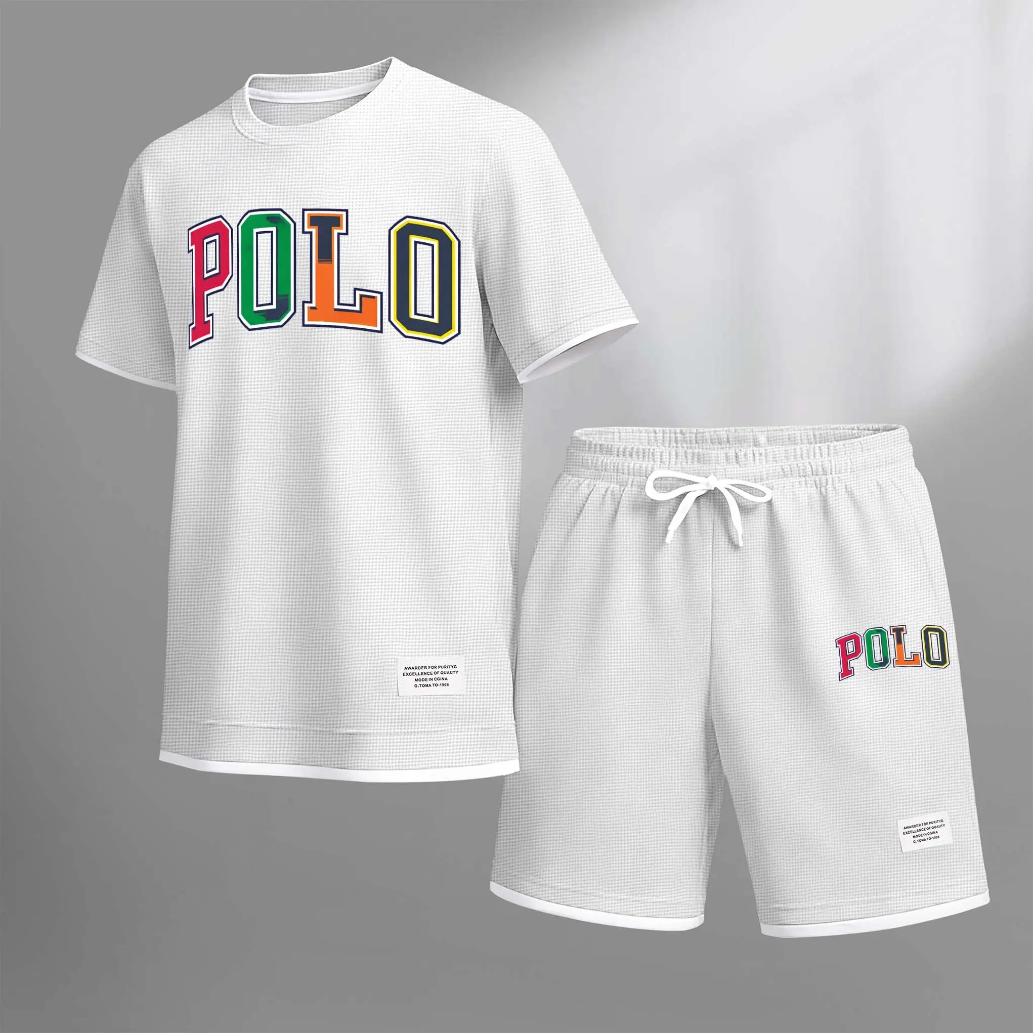 Men's Polo Print Drawstring Shorts Set For Spring/Summer