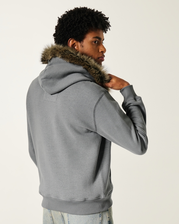 Faux Fur Trim Zip-Up Logo Graphic Hoodie