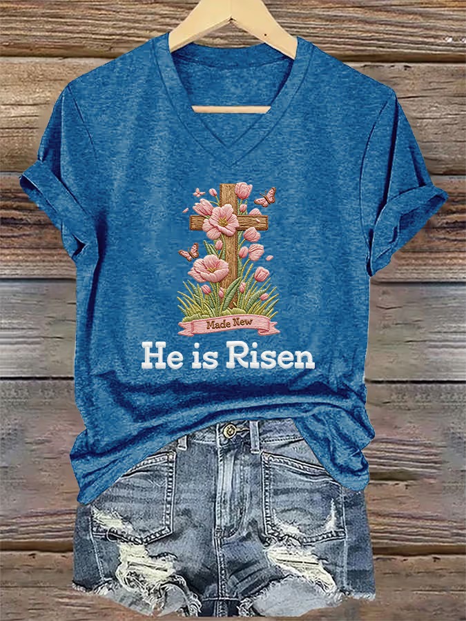 Women's He Is Risen Print V Neck T-shirt