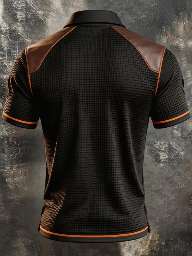Men's Retro Knitted Polo Shirt with 3D Square Grid Pattern and Leather Paneling