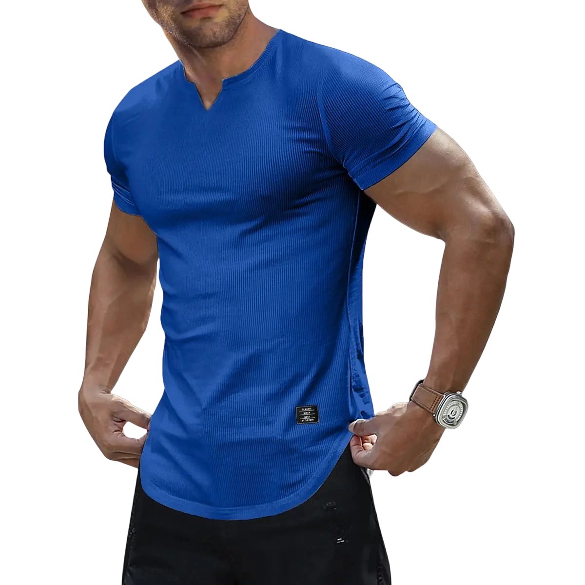 Men's Plain Muscle Slim Fitted T Shirt Polyester V-Neck Longline Shirt