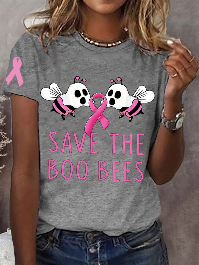 Women's Pink Halloween Ghost Save The Boo Bees Breast Cancer Awareness Warrior Tee