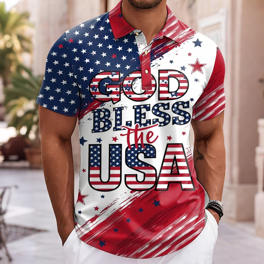 Men'S Casual American Independence Day God Bless The USA Printed Celebration Short Sleeved Polo Shirt
