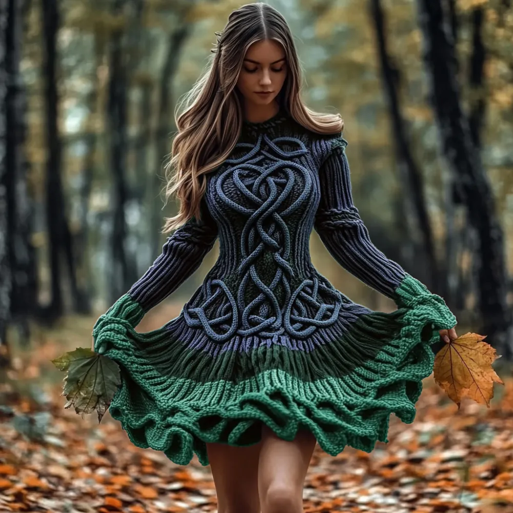 Women's Celtic Knotted Gradient Contrasting Colors Sweater Dress