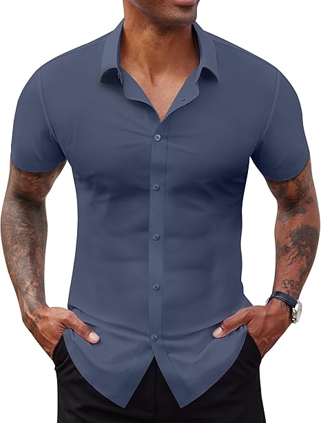 Stretch Dress Shirts for Men Short Sleeve Slim Fit