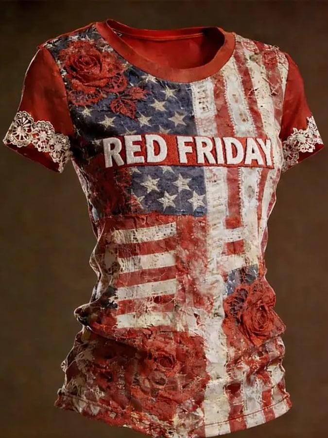 Women's Casual Red Friday Print Short-Sleeve T-Shirt