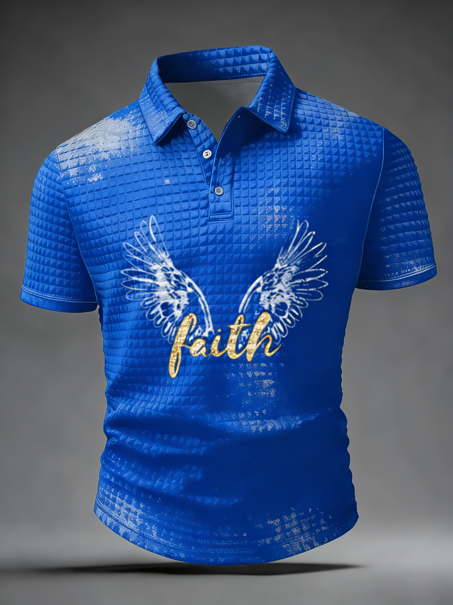 Vintage Distressed Gold Faith Angel Wings Short Sleeve Polo