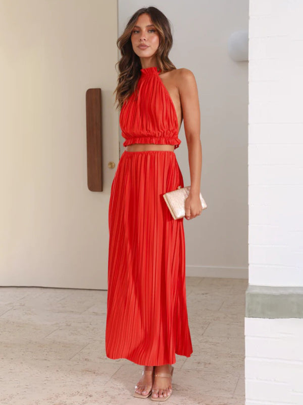 Halter Neck Backless Strappy Pleated Long Skirt Suit