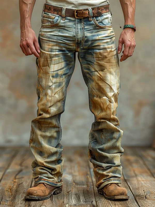 Men's Vintage Distressed Textured Pattern Print Casual Pants