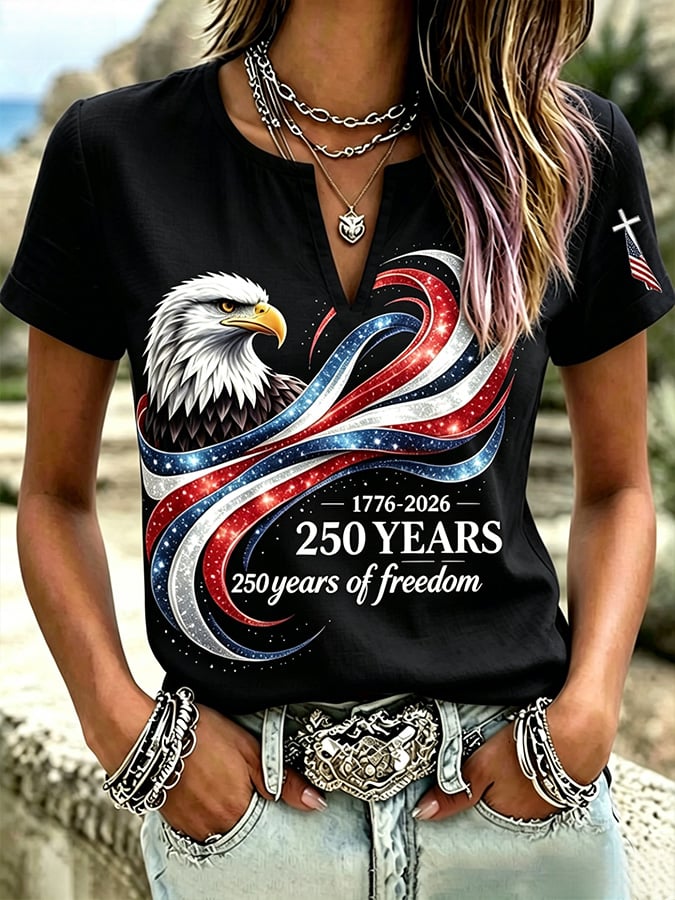Women's Casual Short-Sleeve T-Shirt with USA 250th Anniversary Print