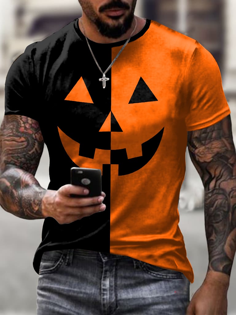Men's casual Halloween pumpkin label T-shirt