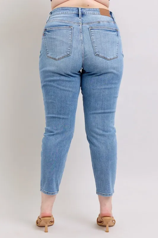 Blue Full Size Mid Rise Vintage Wash Slim Jeans with Cell Phone Pocket Plus Size