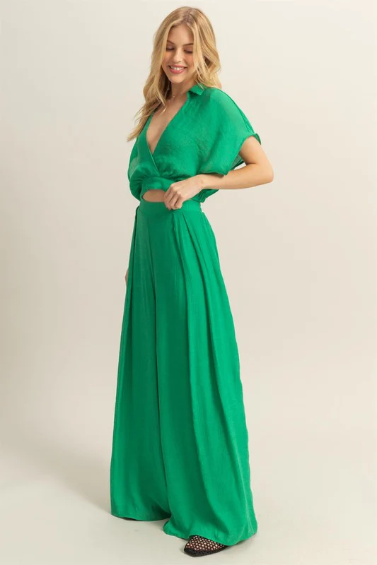 Kimono Sleeve Crop Top and Wide Leg Pants Set